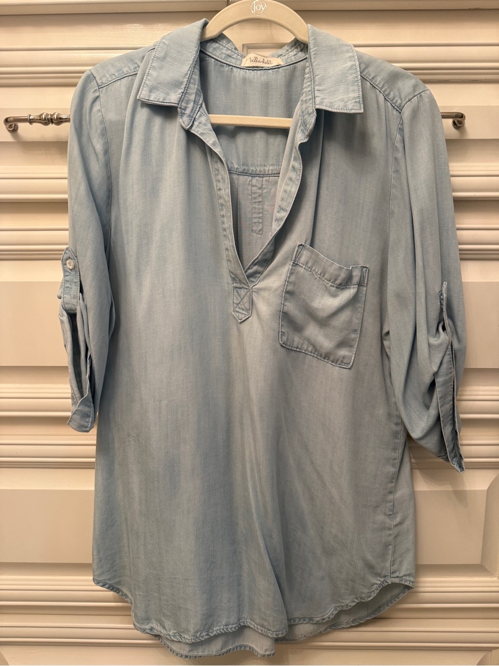 Bella Dahl Light Blue Tunic Shirt with V-Neck and Chest Pocket